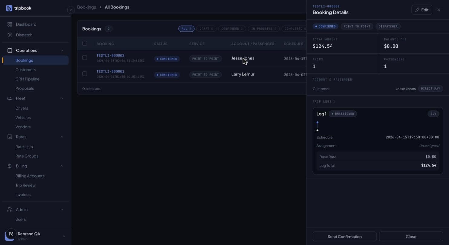 liverybook booking detail panel, dark mode: a confirmed point-to-point booking showing total amount, balance due, one trip leg with an unassigned SUV, base rate and leg total