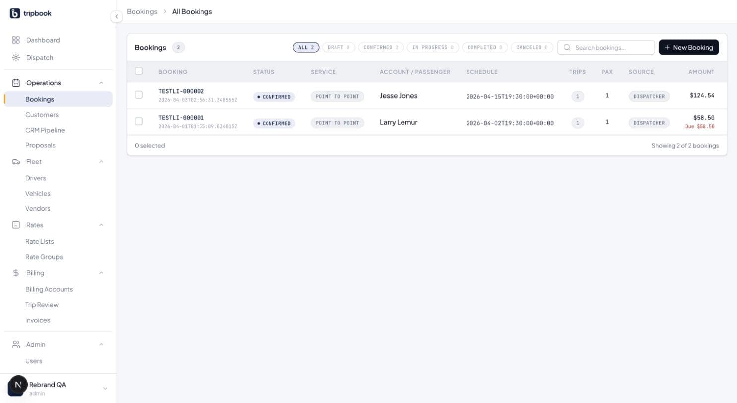 liverybook bookings list, light mode: two confirmed point-to-point bookings with status, service, passenger, schedule, trips, pax, source and amount columns, and status filter pills