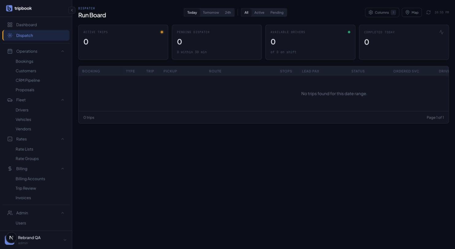 liverybook dispatch run board, dark mode: stat cards for active trips, pending dispatch, available drivers and completed today above the 16-column trip table with Today, Tomorrow and 24h filters