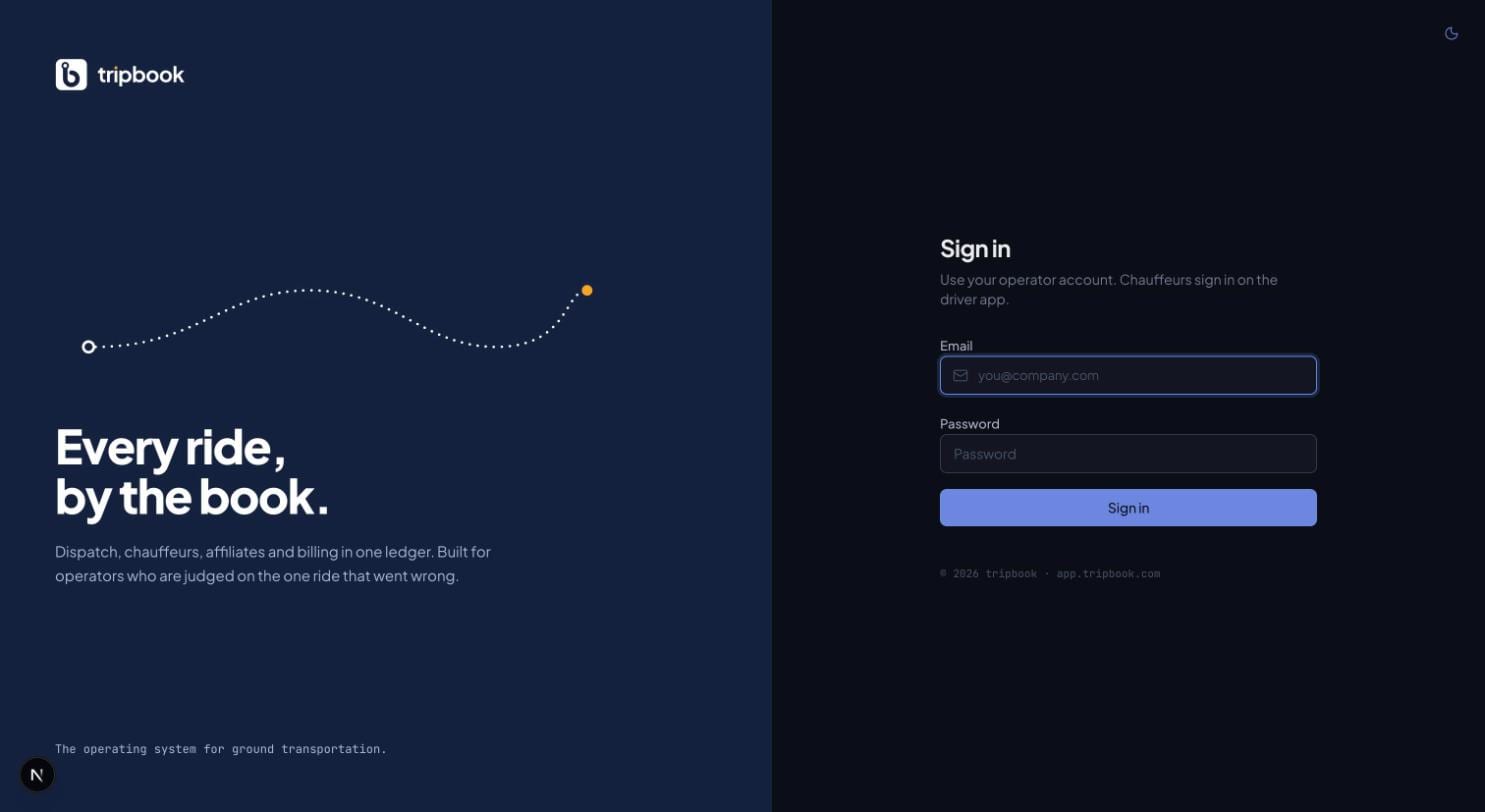 liverybook operator login, dark mode: Midnight brand panel with the route motif beside the sign-in form