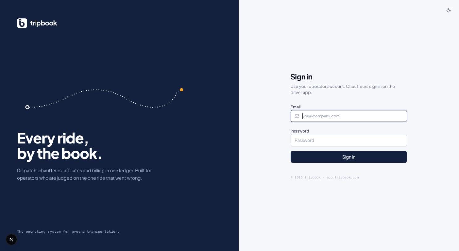 liverybook operator login, light mode: Midnight brand panel with the route motif beside the sign-in form