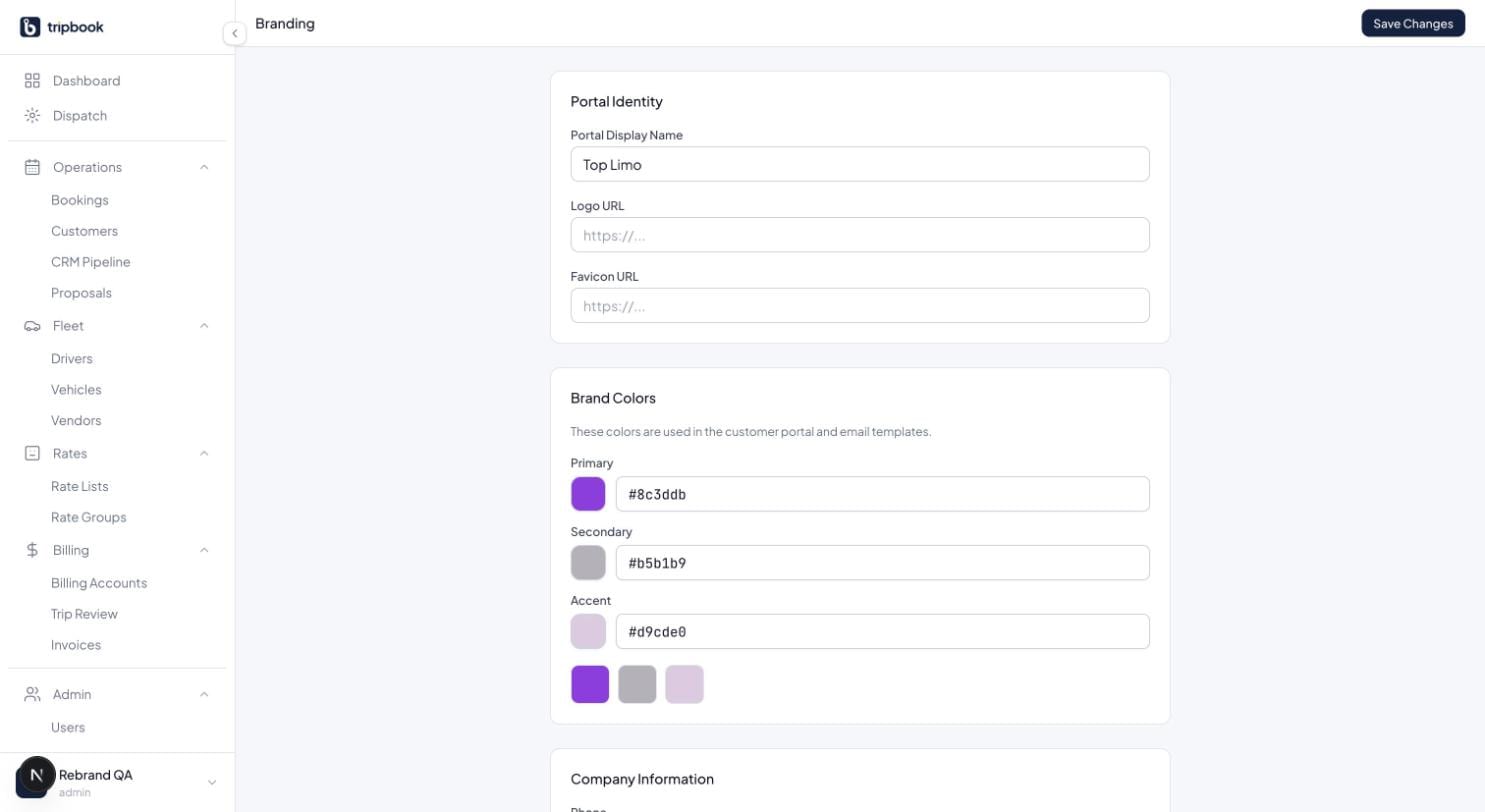 liverybook branding settings, light mode: portal display name, logo and favicon URLs, and primary, secondary and accent colour pickers for the customer portal and emails