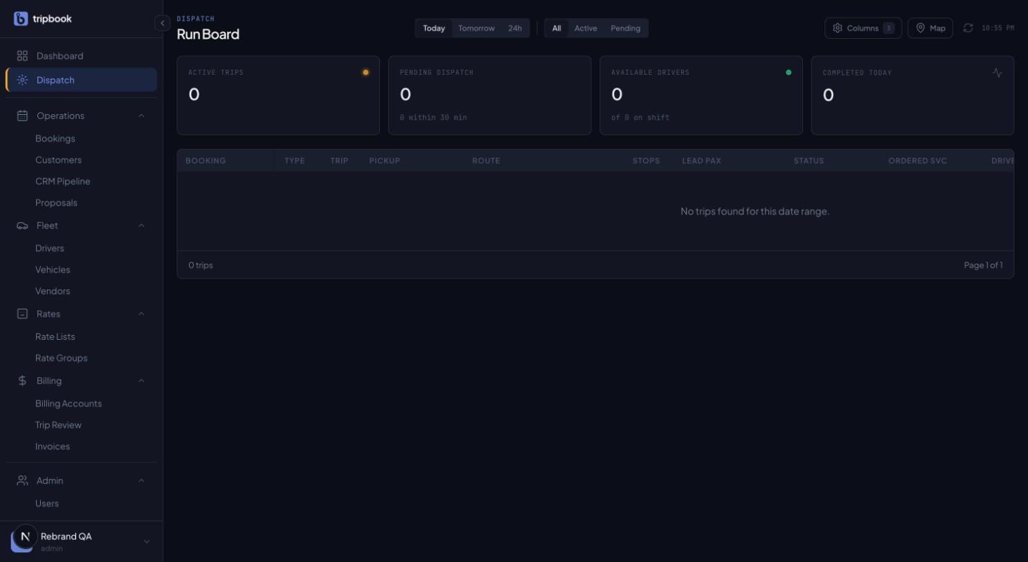 liverybook dispatch run board, dark mode: stat cards for active trips, pending dispatch, available drivers and completed today above the 16-column trip table with Today, Tomorrow and 24h filters