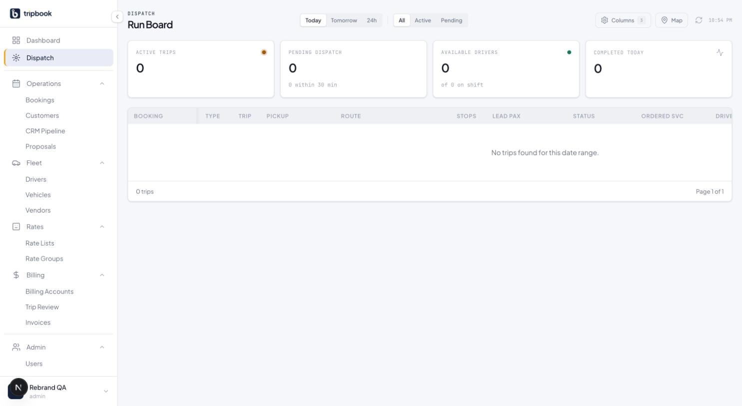 liverybook dispatch run board, light mode: stat cards for active trips, pending dispatch, available drivers and completed today above the 16-column trip table with Today, Tomorrow and 24h filters