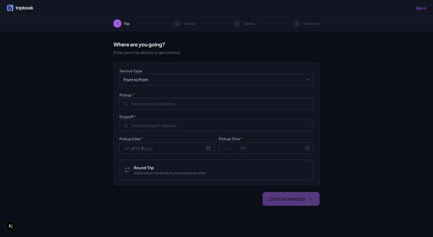 liverybook public booking wizard, dark mode, step 1 of 4: service type, pickup and dropoff address search, pickup date and time, and a round trip toggle, in the tenant's own primary colour