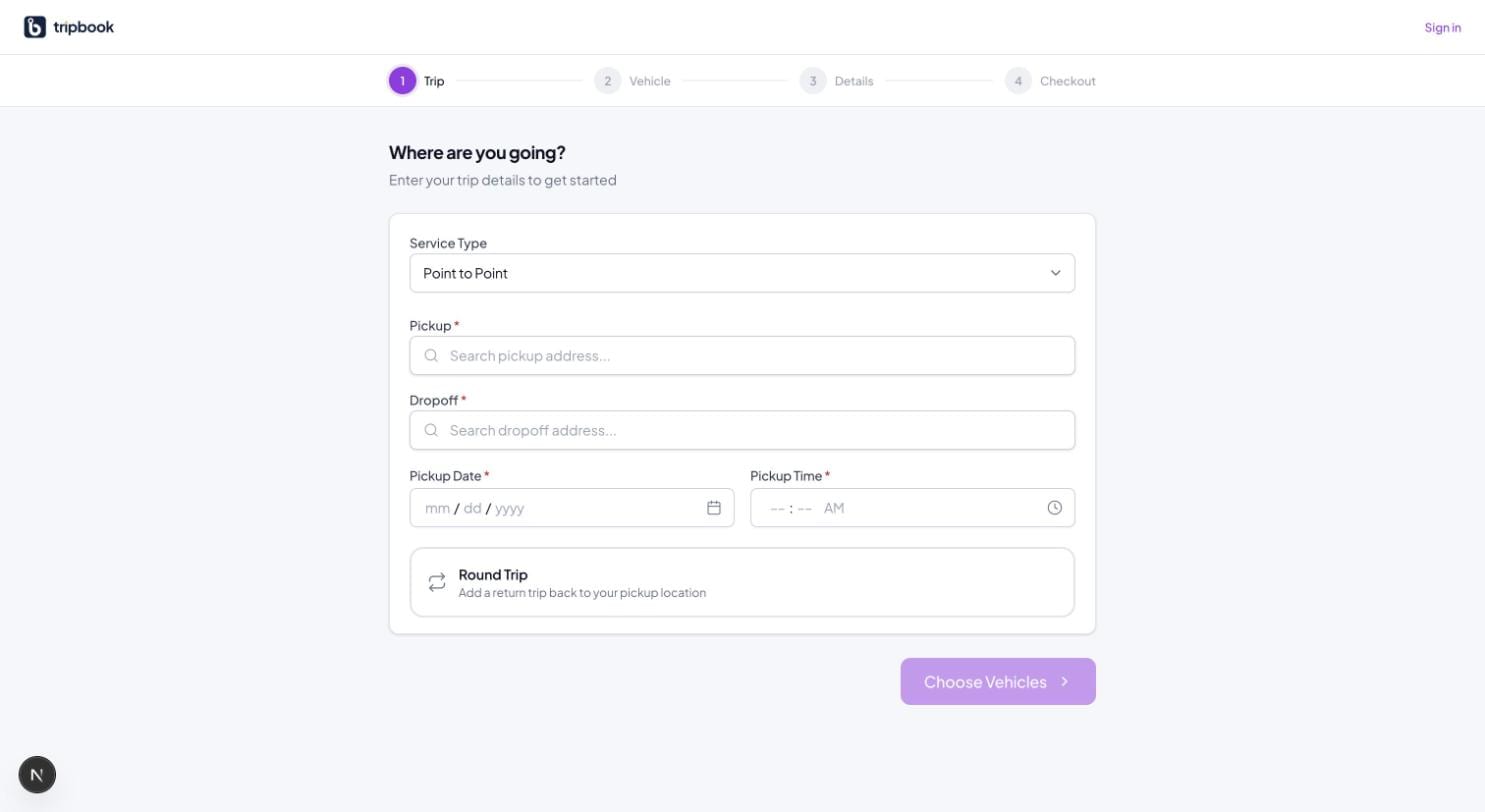 liverybook public booking wizard, light mode, step 1 of 4: service type, pickup and dropoff address search, pickup date and time, and a round trip toggle, in the tenant's own primary colour
