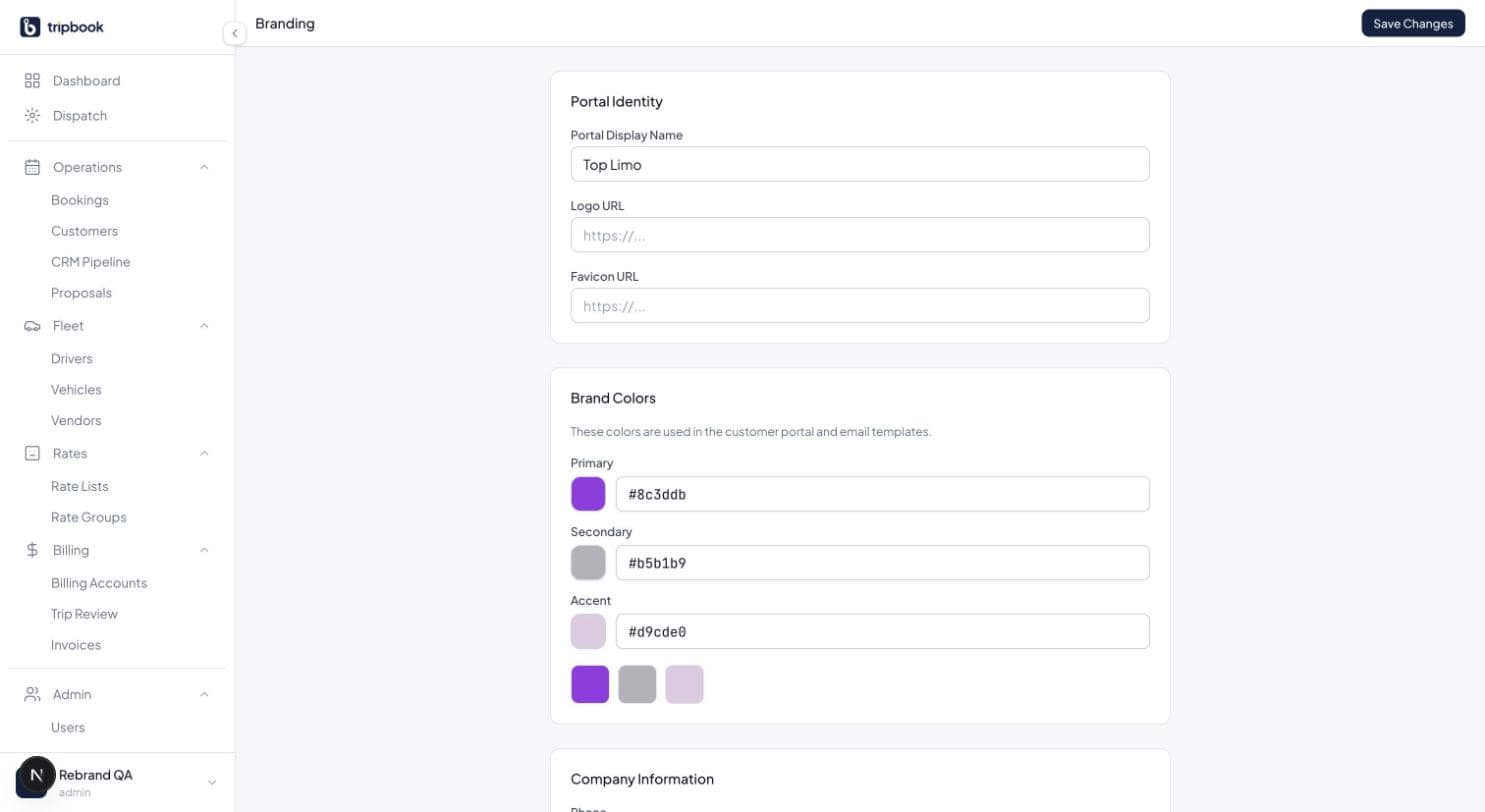 liverybook branding settings, light mode: portal display name, logo and favicon URLs, and primary, secondary and accent colour pickers for the customer portal and emails